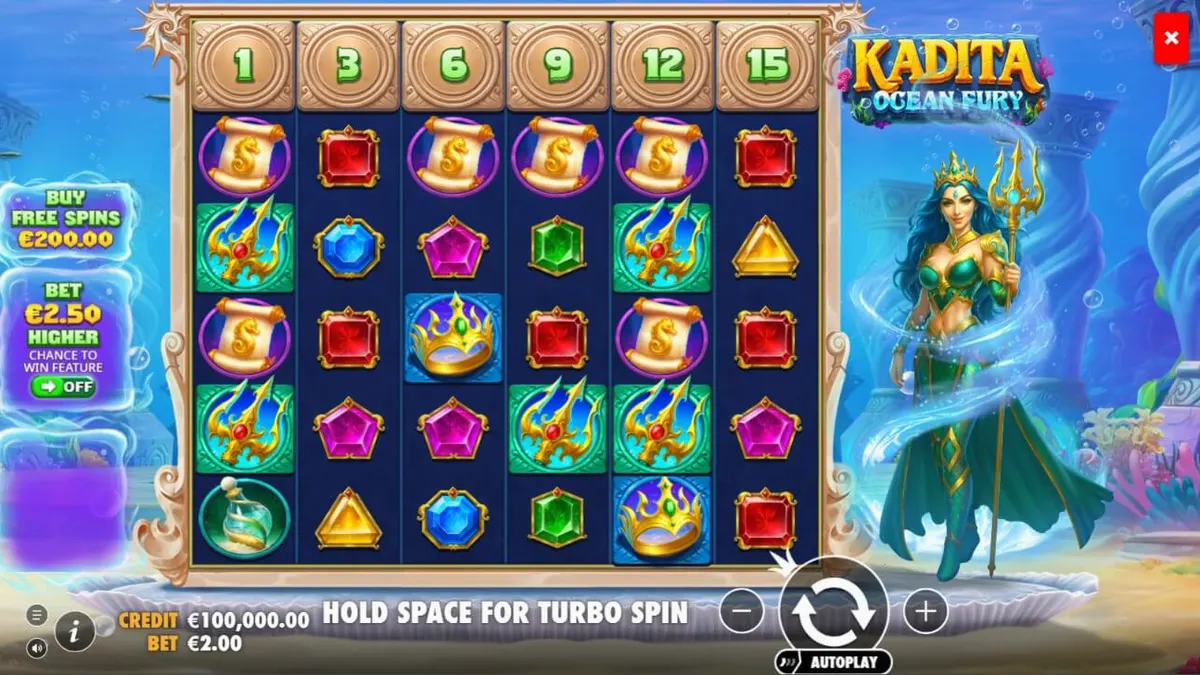 Interface do slot Kadita Ocean Fury com elementos subaquáticos e símbolos de mitologia